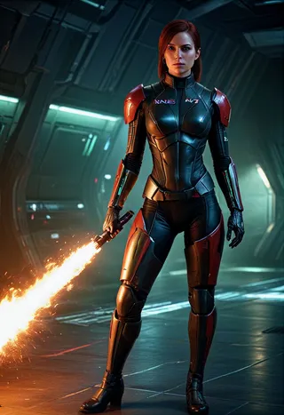 Female Commander Shepard in broken N7 medium armor holding a fiery sword inside a futuristic spaceship corridor with sparks flying behind.