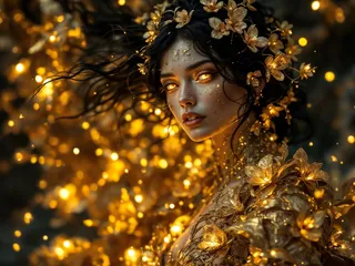 A golden statue of a woman with glowing golden eyes, textured gold flake skin, and intricate chrome and golden flowers woven into her dark hair, wearing a tattered metallic gown illuminated by a soft ambient glow.