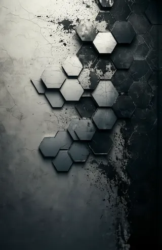 Textured wall with hexagonal tiles arranged in a gradient from light transparent on the left to dark opaque with splattered paint effect on the right, featuring a cracked, weathered background