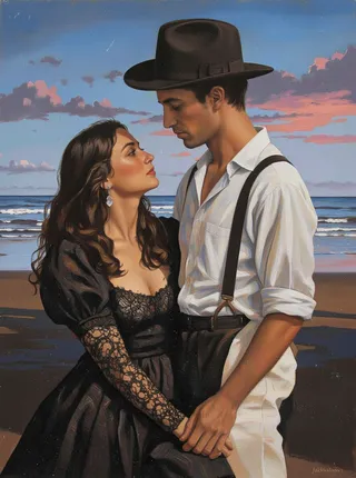 A romantic couple stands intimately close on a beach at sunset; the man wears a white shirt with suspenders and a black fedora, while the woman wears a black lace dress, with ocean waves and a colorful sky in the background.