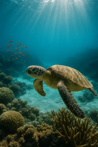A green sea turtle gliding underwater through a sunlit, vibrant coral reef with orange anthias fish and detailed coral formations.