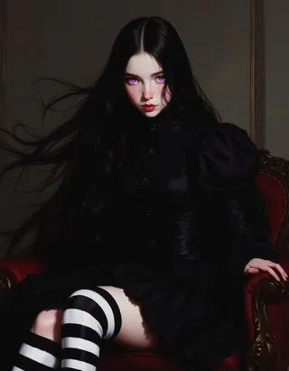 Hyper-realistic oil painting of a young teen girl with long flowing black hair, glowing purple eyes, wearing a stylish black high-collar dress with puffed sleeves and thigh-high black and white striped stockings, sitting on a red ornate chair.