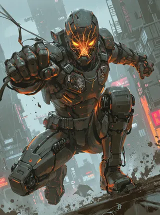 Dynamic cyberpunk male character in battle-damaged high-tech armored suit, mid-leap with glowing orange eyes and neon accents, against a dystopian city background.