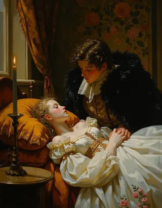 Oil painting of Princess Aurora lying asleep on a luxurious bed with her golden hair spread on a pillow. A prince in regal attire leans over her, bathed in warm candlelight and Rembrandt-style lighting.