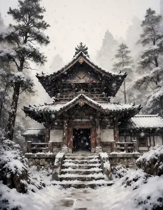 Ancient mountain temple covered in snow with stone steps and tall pine trees, surrounded by gentle snowfall creating a serene and peaceful atmosphere in an ink wash art style.