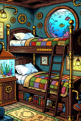 Cozy steampunk bedroom underwater featuring a brass and wood bunk bed with patchwork quilts, brass gears on walls, a glowing aquarium, and a large circular window showing colorful fish and coral.