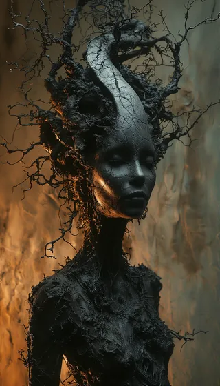 Dark eldritch female figure with a cracked liquid sculpture mask and black tendrils, surrounded by an eerie dystopian background with warm muted lighting.