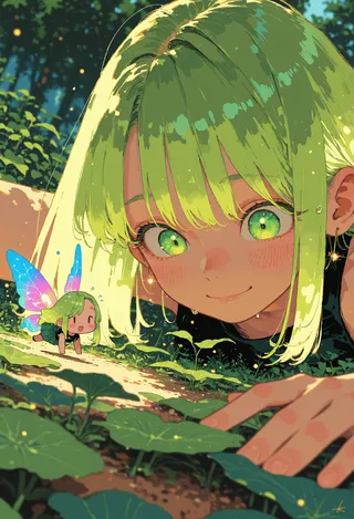 Close-up digital art of a girl with bright green hair and glowing green eyes, smiling playfully while lying in a garden surrounded by lush green leaves, sunlight, and a tiny chibi faerie with iridescent wings.