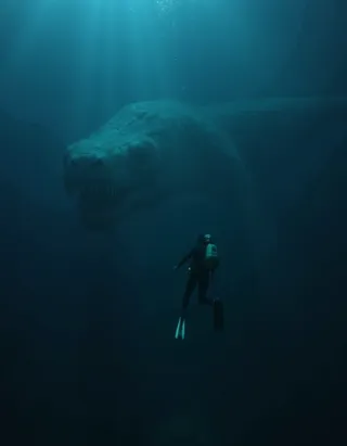 A diver in the dark open ocean swims towards the surface, with a large sea monster featuring big teeth and eyes faintly visible in the depths below, viewed from above.