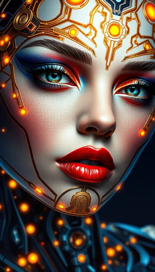 Close-up portrait of a female cyborg with smooth porcelain-like skin, intricate glowing biomechanical circuits in gold, blue, and orange hues, metallic blue eyeshadow, and glossy red lips.