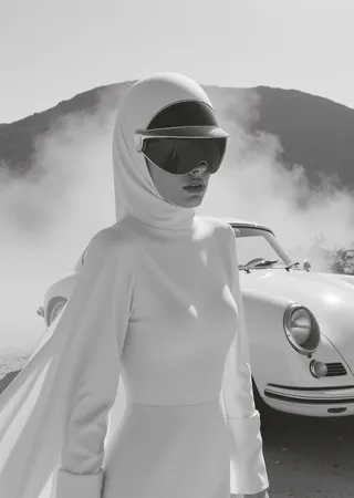 Black and white photo of a woman wearing a white dress with long flowing hem and a rally helmet, standing in front of a white Porsche 911 in a smoky desert landscape with sand dunes and rocks.