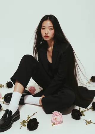 Slim East Asian woman with long black hair in a black jacket sitting on floor with black and pink roses on white studio background