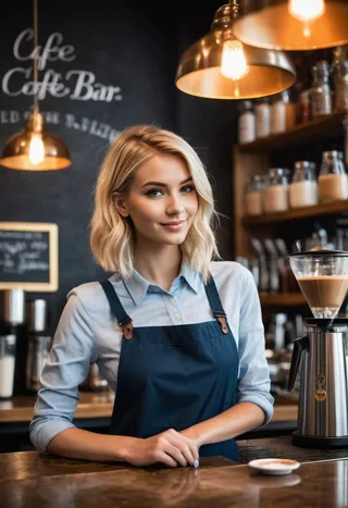 Professional blonde barista with blue eyes wearing a blue apron in a cozy coffee bar with warm lighting.