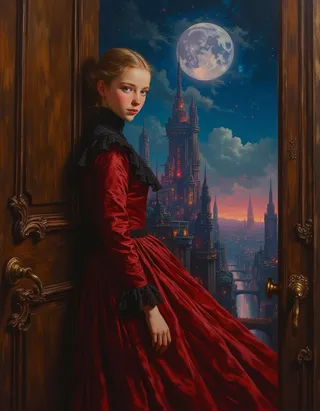 A Victorian girl wearing a crimson gown with black lace trims stands at an ornate wooden door, gazing at a glowing futuristic metropolis under a large full moon at night.
