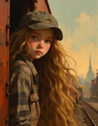 Hyper-realistic oil painting of a young girl, Rapunzel, with long tangled blonde hair flowing in the wind, wearing 1930s street urchin clothes and a cap, leaning out of a rusty boxcar with an old industrial town in the background.