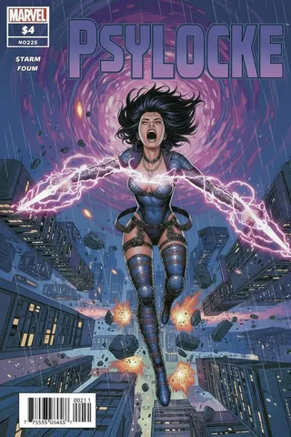 Marvel Psylocke comic cover showing female superhero in a blue outfit unleashing electric energy from her hands over a cityscape with buildings and explosions.