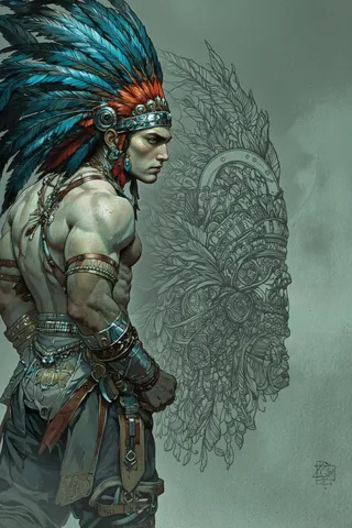 Muscular Aztec warrior in side profile wearing a vibrant blue and red feathered headdress and elaborate jewelry stands confidently with an intricate patterned misty background.