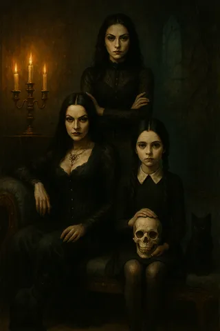 A candlelit dark gothic scene with three women dressed in black Victorian corsets and lace, including a vampire-like woman on a fainting couch, a Wednesday-like girl holding a skull, and a standing figure behind them, illuminated by warm candlelight with a black cat nearby.