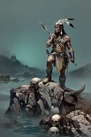 Muscular Native American warrior wearing traditional headdress and tribal tattoos, holding a spear, standing on a rocky cliff with skulls and misty water below.