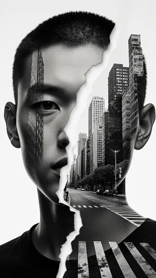 Black and white double exposure combining a young man's face with urban skyscrapers and street textures, symbolizing the fusion and fragmentation of individual identity and city life.