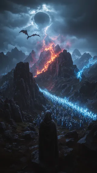 A cloaked lone wanderer overlooking a volcanic mountain valley where crystalline warriors and obsidian golems battle under a stormy sky with dragons and lightning spells.