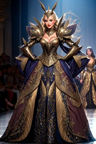 Model wearing an elaborate haute couture armor dress with detailed gold embroidery, feathered shoulder armor, and a regal crown in a fashion show.