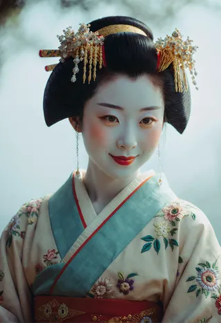 Photorealistic portrait of a Japanese goddess dressed in an embroidered kimono with ornate hair accessories, captured in cinematic moody lighting.