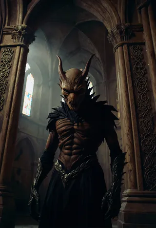 A photorealistic demonic creature with horns and spiked armor stands inside a medieval cathedral featuring carved wooden pillars and ancient symbols, illuminated by moody cinematic lighting.