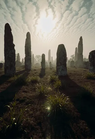 Photorealistic scene of a prehistoric village with tall stone monoliths under a dramatic, cloudy sky with warm backlighting and shadows on the earth.