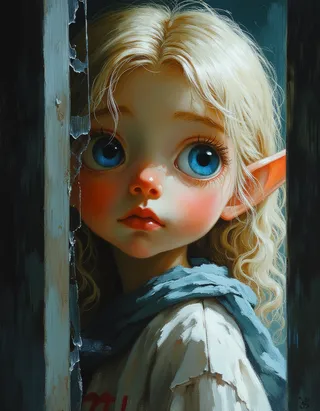 Close-up oil painting of a fragile, sad-looking elf girl with large blue eyes and blond hair, peering through broken glass in a Rembrandt style.