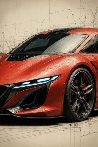 Digital illustration of a sleek, red futuristic car with a black stripe and blue LED lights, shown from the front three-quarter angle in sketch style.