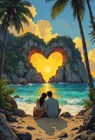 A couple sitting on a sandy tropical beach at sunrise, facing a heart-shaped rock formation in the ocean on Koh Yao Noi island, surrounded by palm trees and glowing orange sunlight.