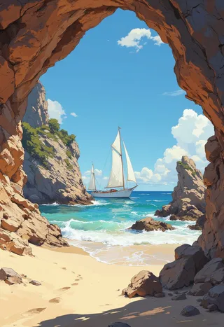 A white sailing boat on the sea is framed by a rugged coastal rock formation with sandy beach and clear blue sky.