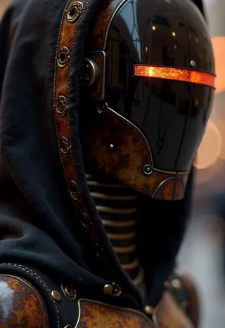 Close-up of a robot face wearing a black helmet with an orange visor, detailed with steampunk-style metallic textures and a black hood, set against a blurry background.