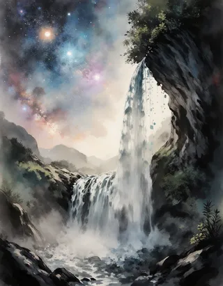 A mystical waterfall flows upward against a cosmic sky, rendered in ink wash painting style, with mist and droplets reflecting stars.