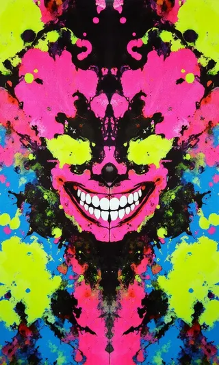 Symmetrical inkblot painting resembling a grinning clown face with neon pink, lime green, and electric blue colors evoking psychedelic carnival vibes.