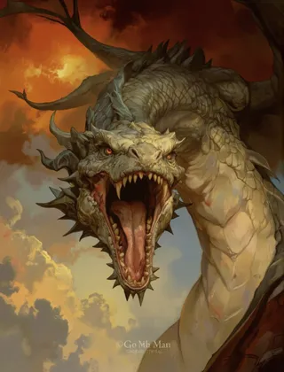 Digital illustration of a fierce pale grey scaly dragon with open mouth showing sharp teeth and fangs, wings spread wide, set against a dramatic sunset sky with orange and yellow hues and dark clouds.