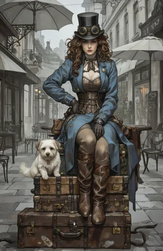 Steampunk-style woman wearing a blue coat, brown corset, and top hat with goggles sits seriously on stacked vintage suitcases beside a small white dog in an old-fashioned street.