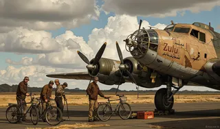 Vintage propeller-driven airplane with camouflage paint reading 'Zulu' in Arabic and English, standing on an airport tarmac with five men dressed in brown jackets and hats, some with bicycles, under a dramatic sky with clouds.