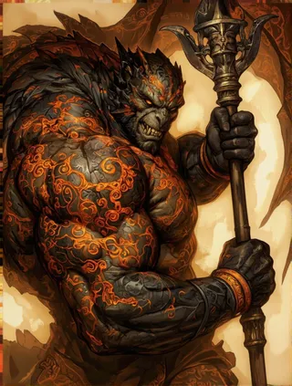 Highly detailed digital illustration of a muscular black and orange dragon-like creature with glowing intricate orange patterns on its scales, holding an ornate spear with a fierce expression.