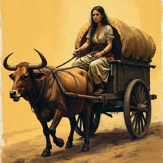 A highly detailed depiction of a medieval woman sitting on an ox cart, illustrated with a modern blend of comic style, realistic charcoal painting, and line art, enhanced with amber ambient lighting.