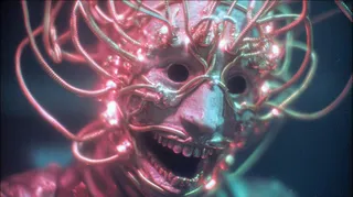 Close-up of Hymnspawn, a humanoid figure made of writhing organs bound by glowing copper wires, featuring a distorted face with multiple rotating visages and dark, neon-lit shadows.