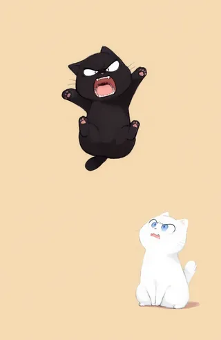 Illustration of a black cat mid-jump with an angry expression, wide eyes, and open mouth showing sharp teeth, and a white cat on the ground looking up surprised with blue eyes, all against a beige background.