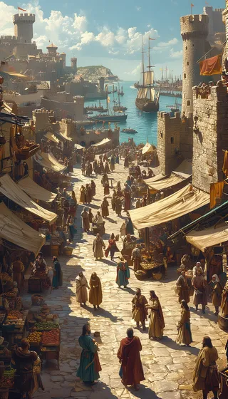 A vibrant medieval port city with a stone fortress overlooking a busy harbor filled with sailing ships, bustling marketplace with merchant stalls and people in period clothing under warm sunlight.
