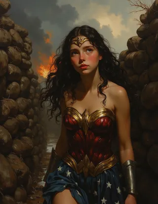 Oil painting of young Wonder Woman in World War 1 trench, wearing her classic costume, with stormy sky and distant explosions.