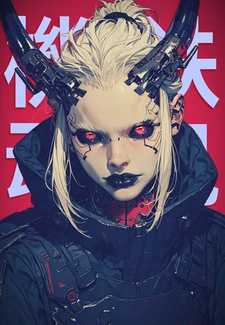 Portrait of a cyberpunk female character with white braided hair, black cybernetic horns, red eyes with black sclera, black lipstick, and a dark futuristic jacket against a deep red background with white letters.