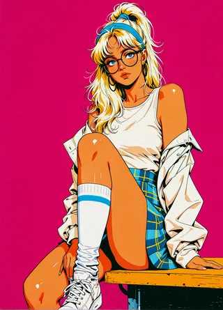 Blonde girl with blue hairband and glasses, wearing a white sleeveless top, plaid skirt, long socks, and casual shoes, sitting confidently on a table with a pink background.