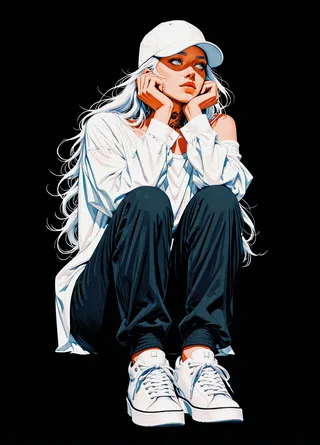 A white-haired young woman with silver eyes wearing a baseball cap, oversized white shirt, black pants, and white sneakers sitting with knees up against a black background.