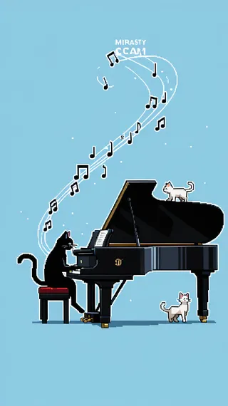 Pixel art style image of a black cat with whiskers playing a grand piano with two smaller cats nearby, set against a pale blue background with floating music notes above.