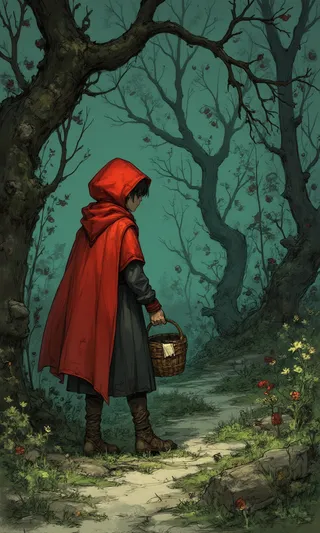 Little Red Riding Hood in a red cloak stands on a twisting forest path under gnarled trees, holding a basket with a letter tucked inside, styled like Slavic animation meets 1970s travel posters.
